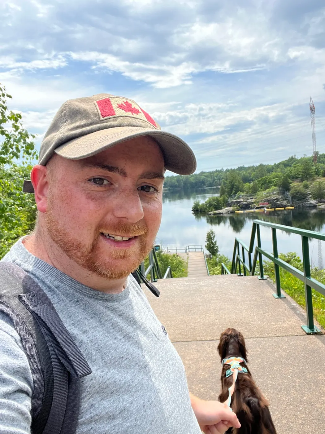 Shaun and Tilly overlooking the water at Big Chute Marine Railway