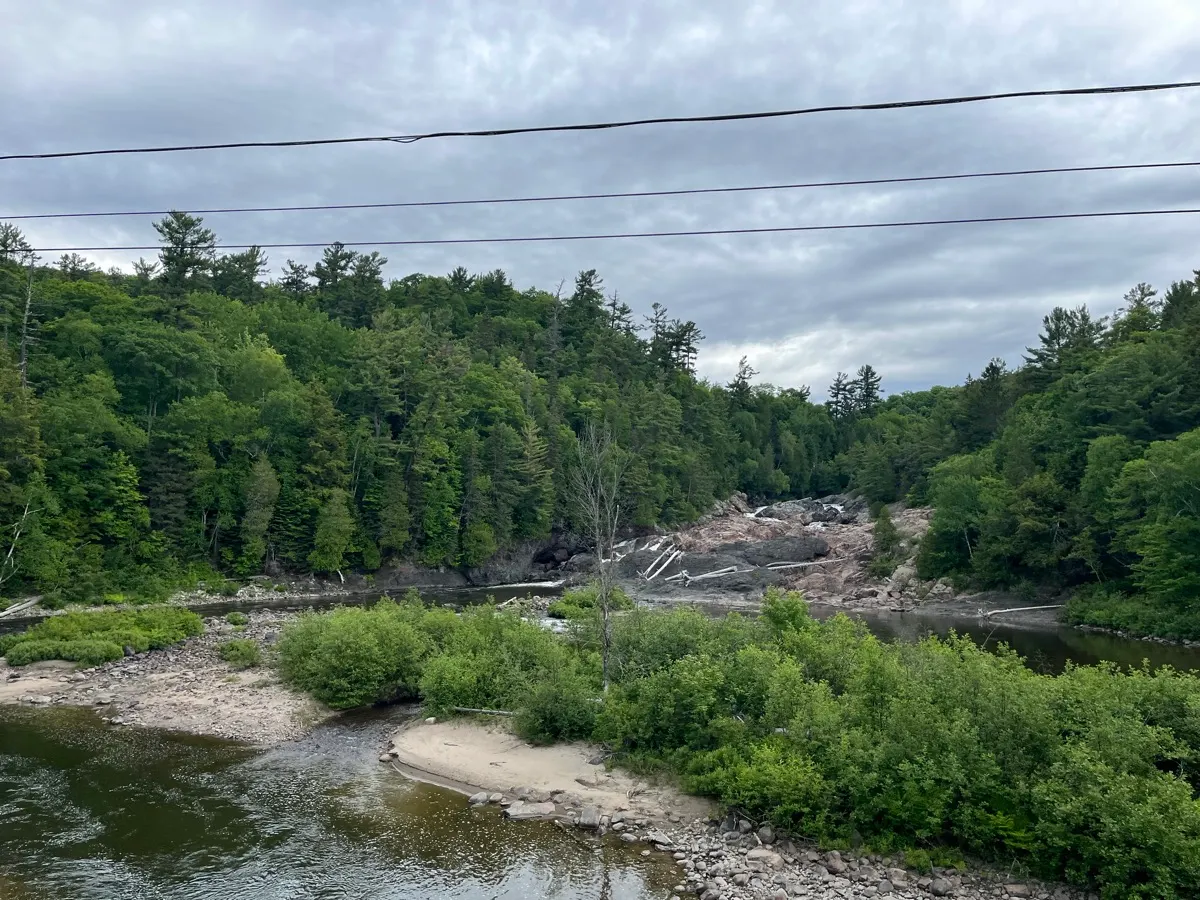 Chippewa Falls surrounded by forest beside the Trans-Canada Highway