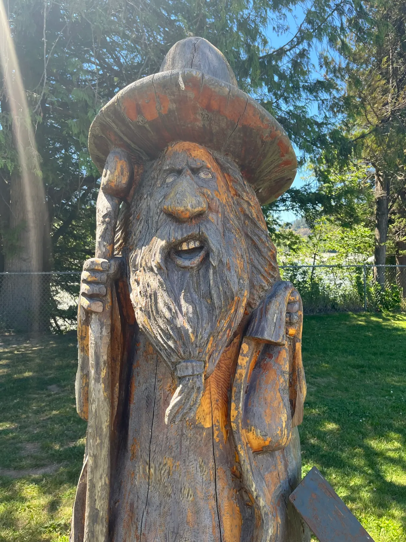 One of Hope's large wooden carved figures in the riverside park