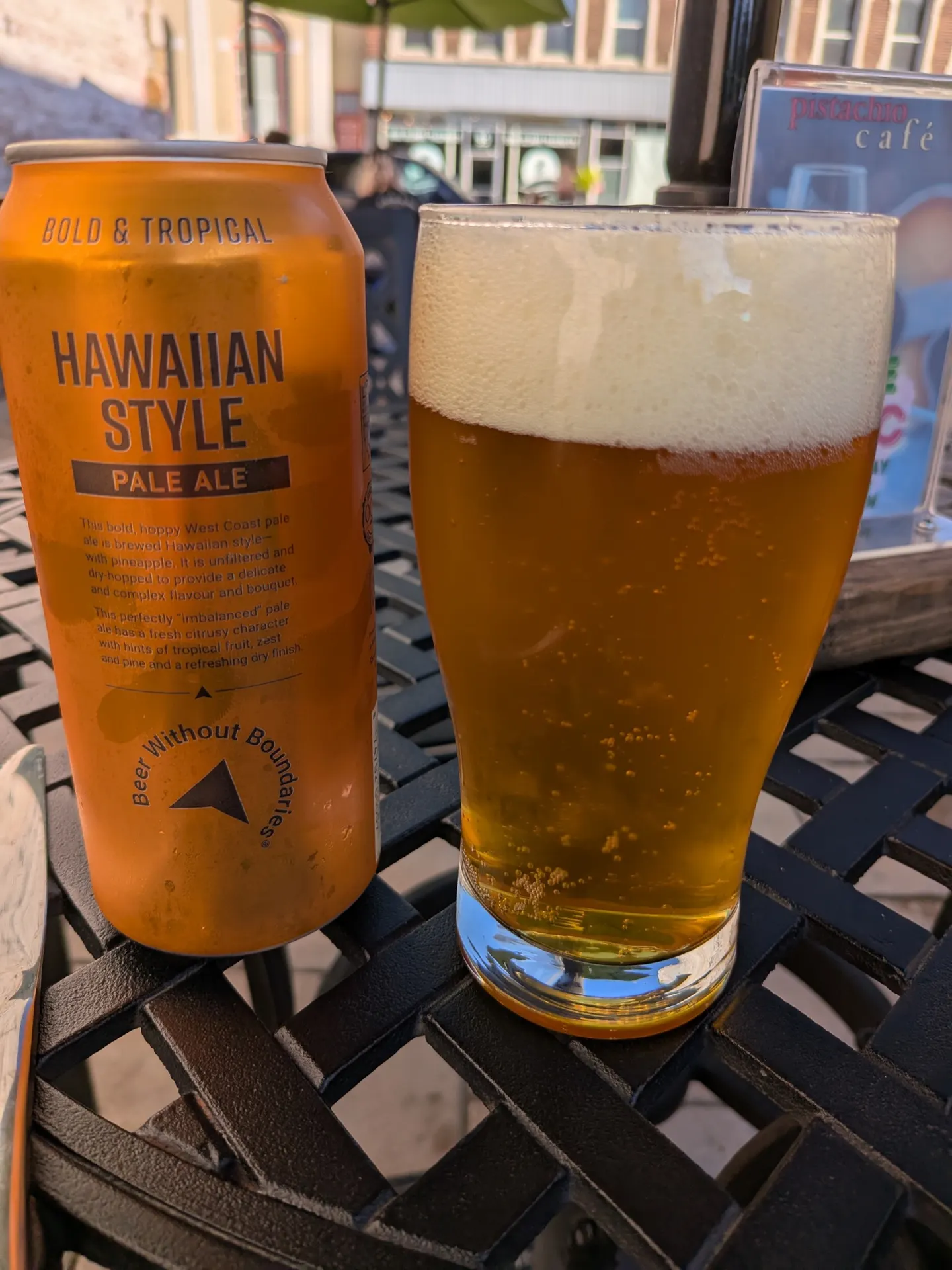 A cold beer on the Pistachio Café patio