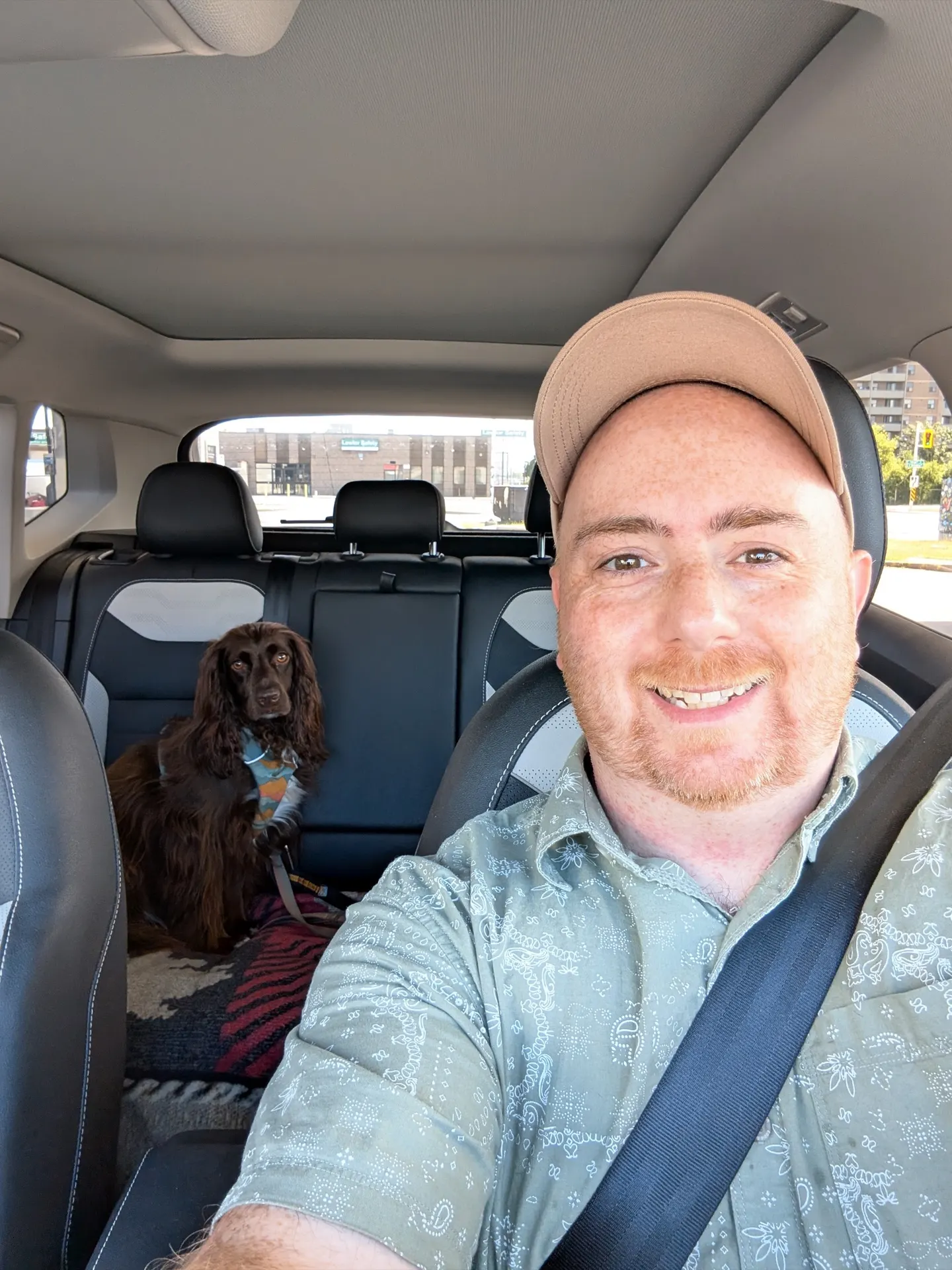 Shaun and Tilly in the car ready to start the Eastern Canada trip