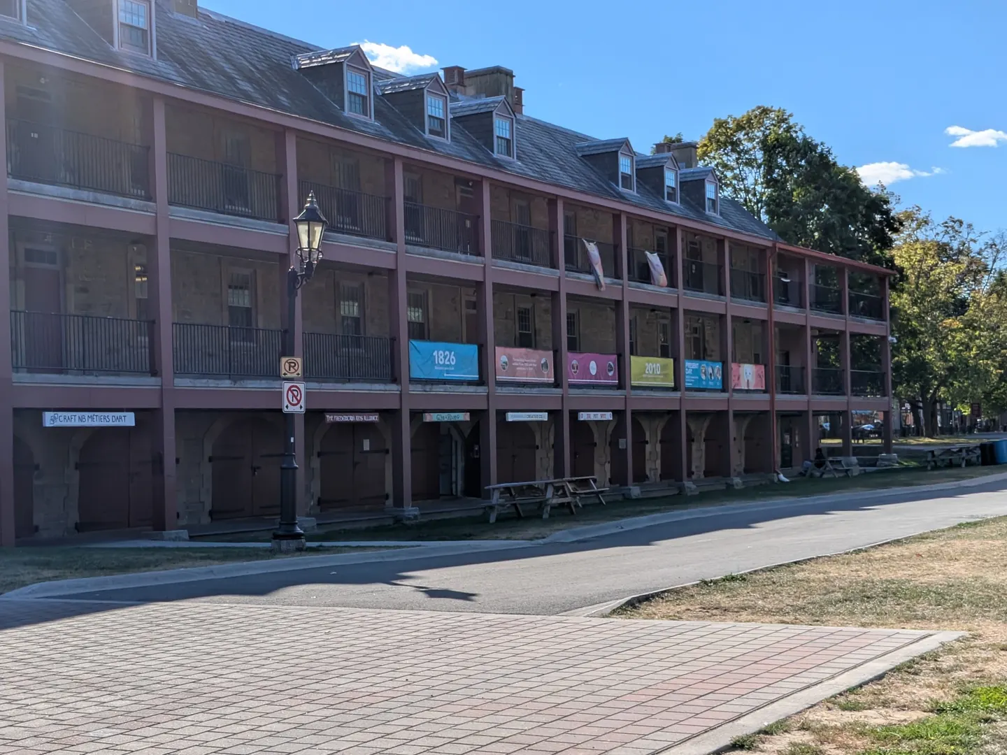 The historic Fredericton barracks building with wooden balconies