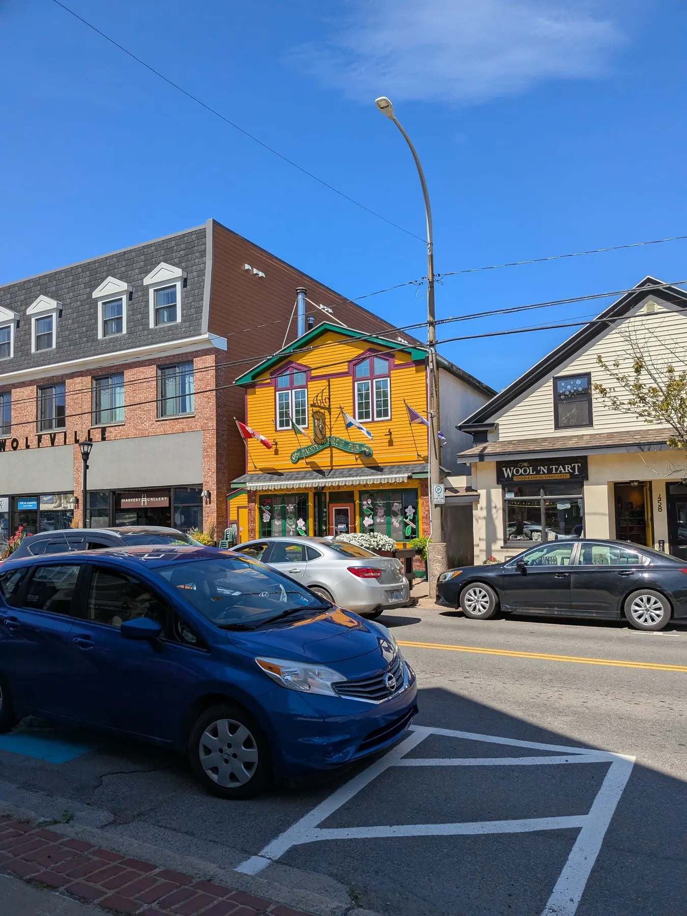 Colourful shopfronts in downtown Wolfville