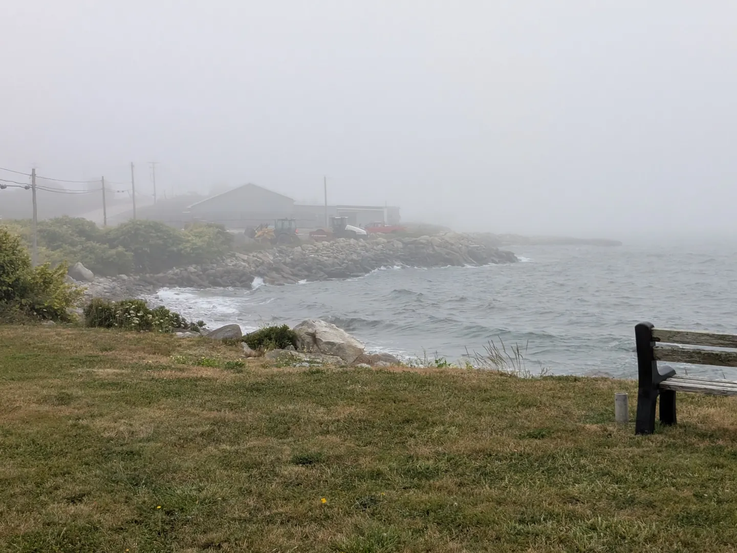 The foggy shoreline at Shag Harbour